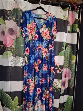 Blue Floral V-Neck High-Low Maxi Dress